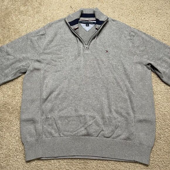 Tommy Hilfiger Sweater Mens XL Grey Quarter Zip Long Sleeve Pullover Adult - Picture 2 of 8